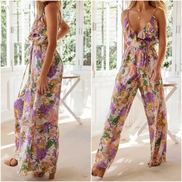 Boho Floral Print Ruffle Wide leg Cami Jumpsuit - Picture 2 of 8